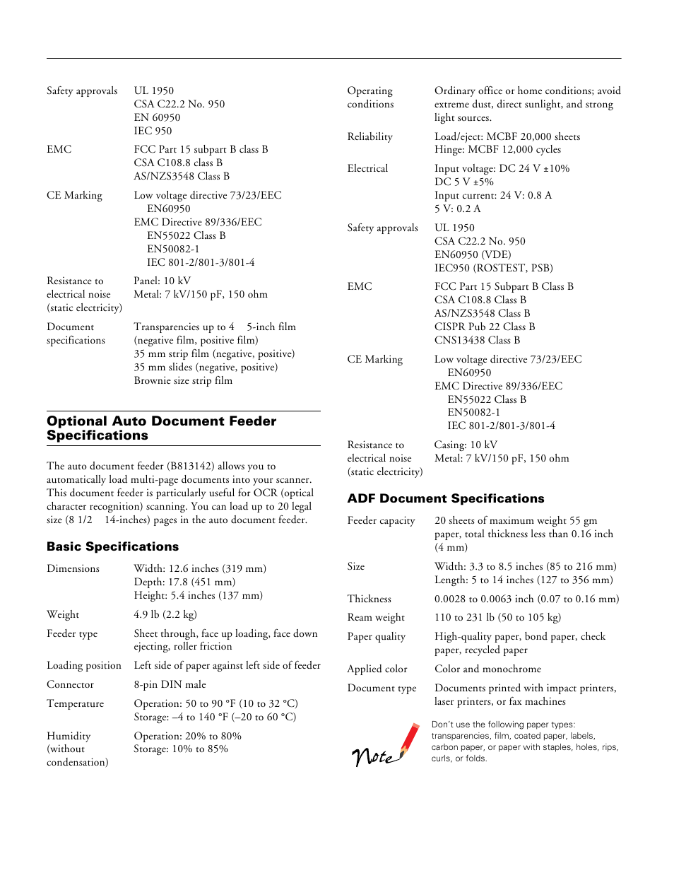 Optional auto document feeder specifications, Basic specifications, Adf document specifications | Shibaura EPSON PERFECTION 1200 User Manual | Page 4 / 6