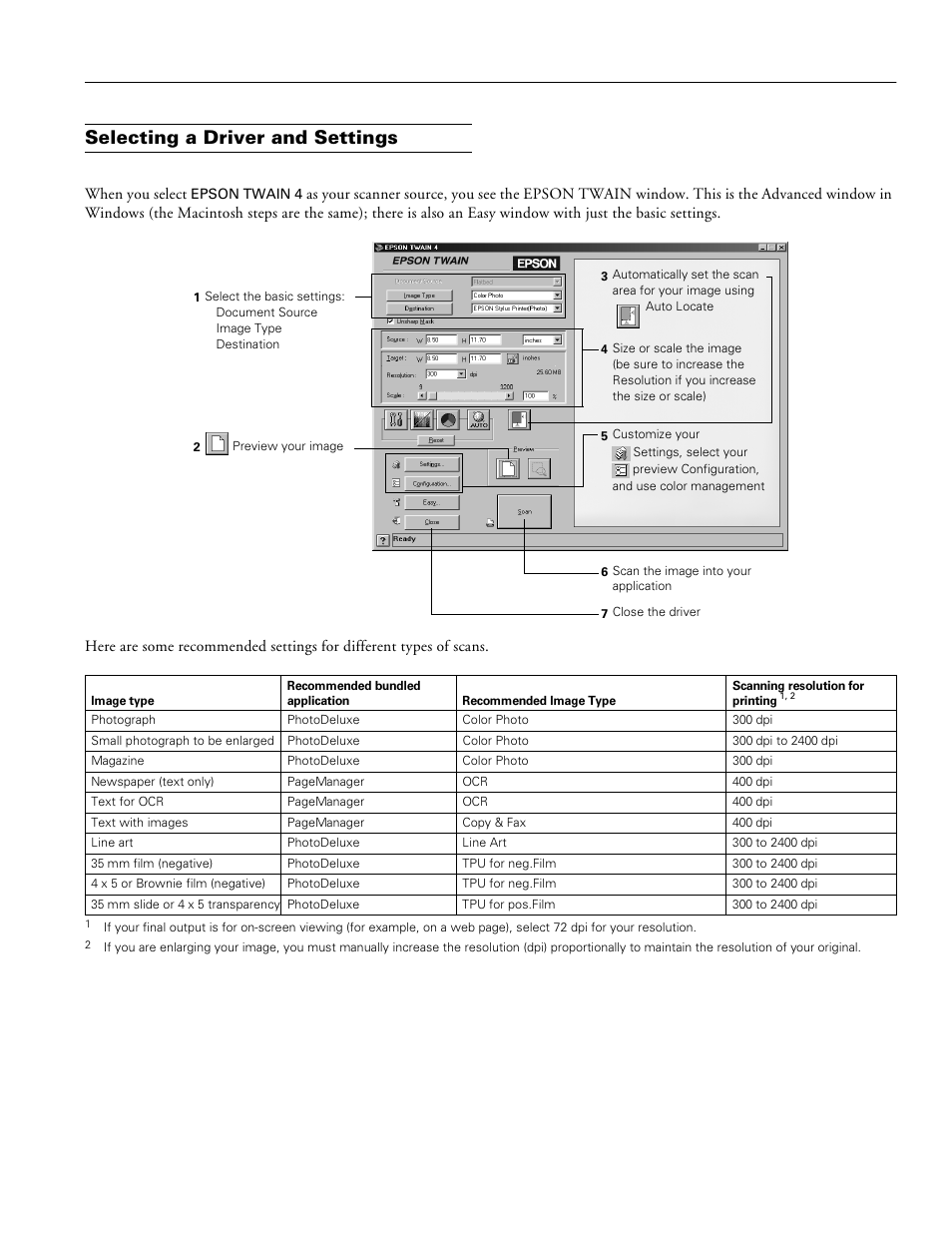 Selecting a driver and settings, Epson perfection 1200 | Shibaura EPSON PERFECTION 1200 User Manual | Page 5 / 6