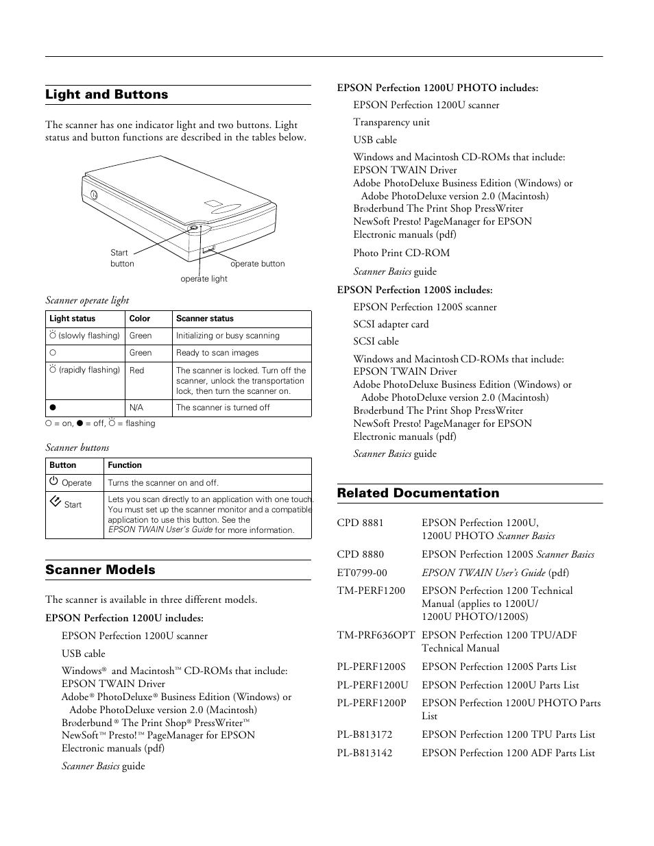 Light and buttons, Scanner models, Related documentation | Epson perfection 1200 | Shibaura EPSON PERFECTION 1200 User Manual | Page 6 / 6