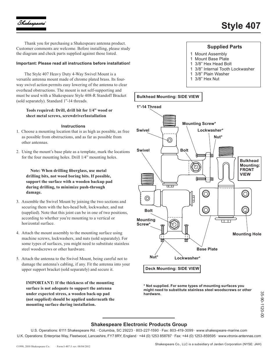 Shakespeare Electronic 407 User Manual | 1 page
