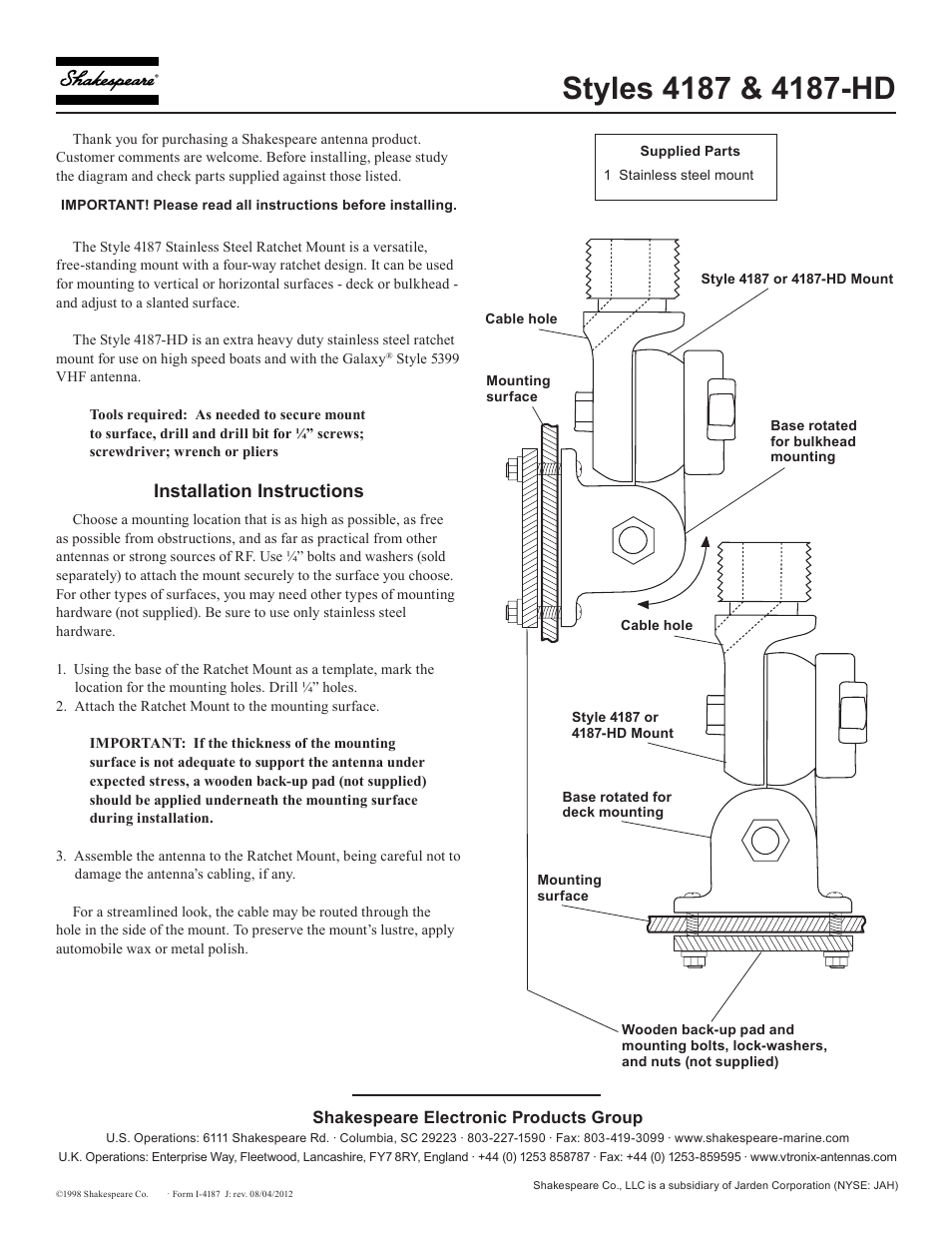 Shakespeare Electronic 4187 User Manual | 1 page