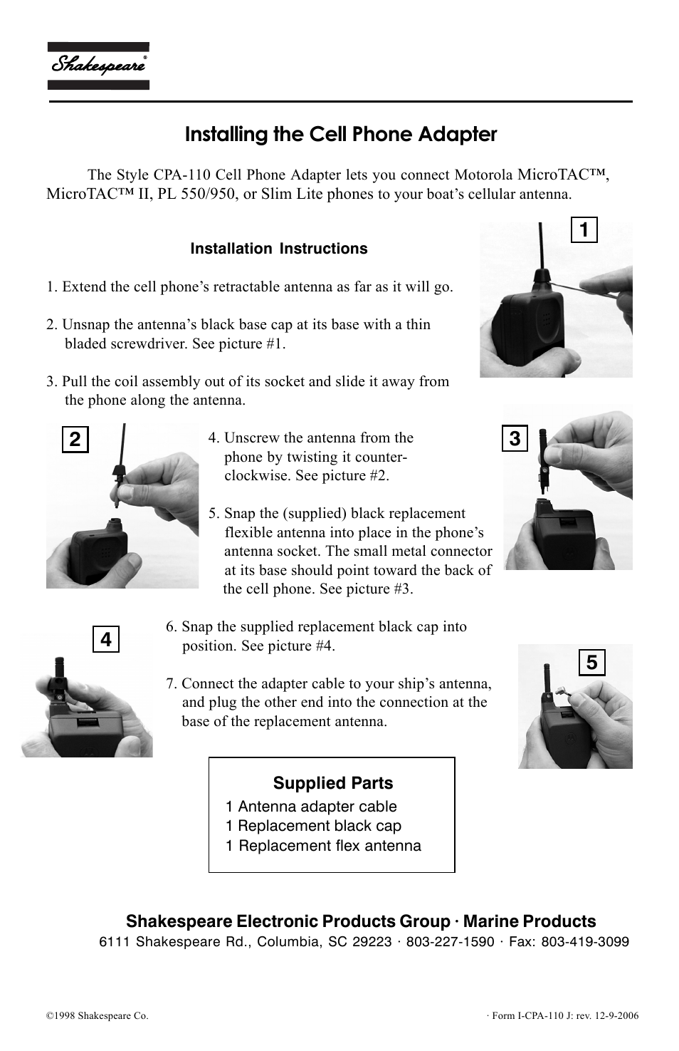 Shakespeare Electronic CPA-110 User Manual | 1 page