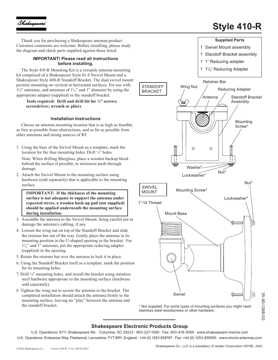 Shakespeare Electronic 410-R User Manual | 1 page