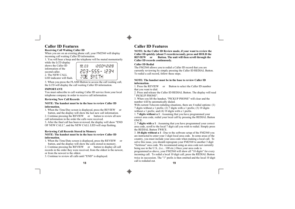 Caller id features | Southwestern Bell FM2560 User Manual | Page 10 / 16