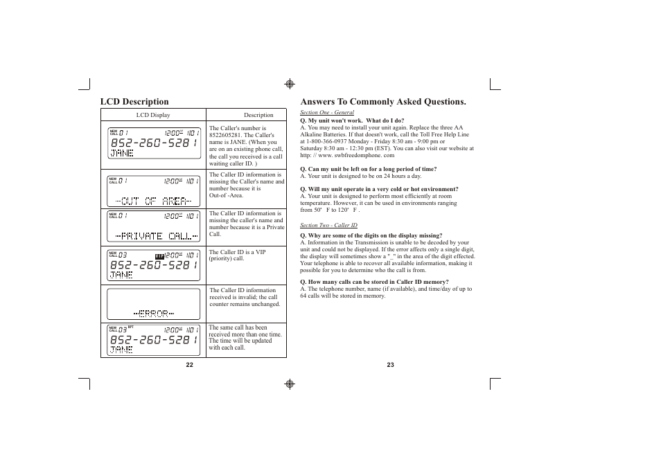 Lcd description, Answers to commonly asked questions | Southwestern Bell FM2560 User Manual | Page 12 / 16