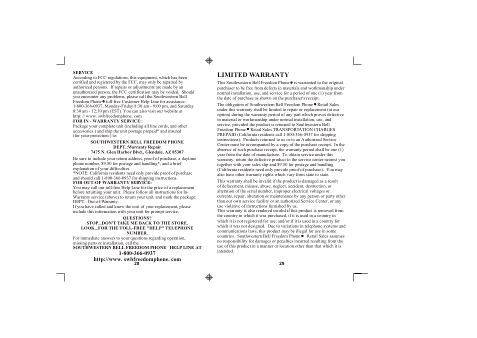 Limited warranty | Southwestern Bell FM2560 User Manual | Page 15 / 16