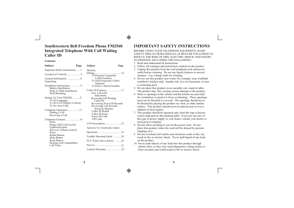 Important safety instructions | Southwestern Bell FM2560 User Manual | Page 2 / 16