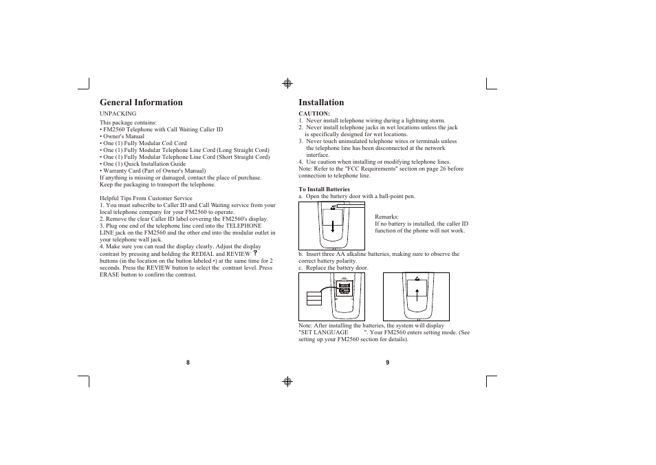 Installation, General information | Southwestern Bell FM2560 User Manual | Page 5 / 16