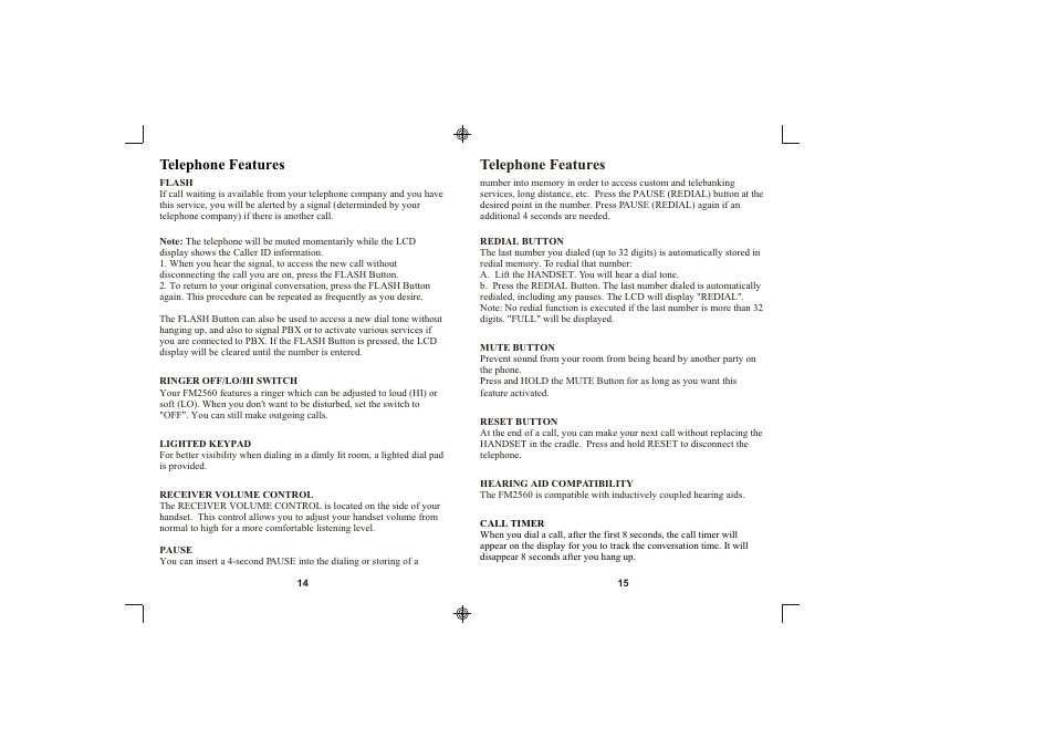 Telephone features | Southwestern Bell FM2560 User Manual | Page 8 / 16