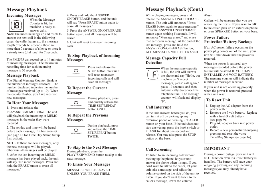 Message playback (cont.), Message playback | Southwestern Bell FM2575 User Manual | Page 10 / 17