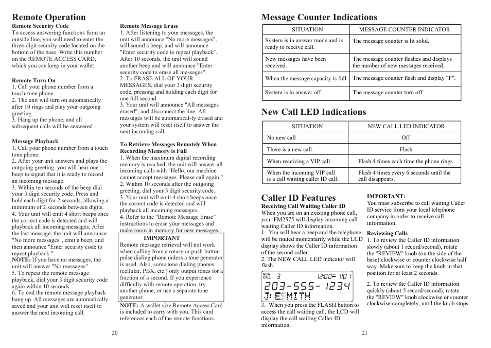 Remote operation, New call led indications, Caller id features | Message counter indications | Southwestern Bell FM2575 User Manual | Page 11 / 17