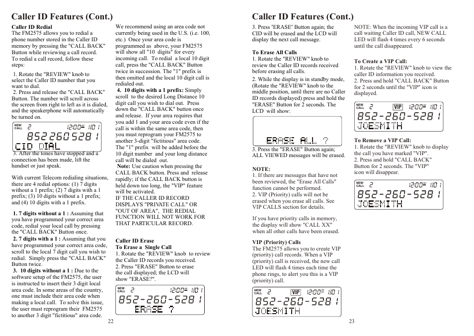 Caller id features (cont.) | Southwestern Bell FM2575 User Manual | Page 12 / 17