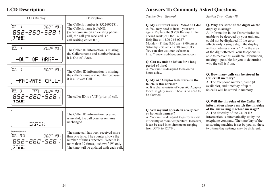 Lcd description, Answers to commonly asked questions | Southwestern Bell FM2575 User Manual | Page 13 / 17