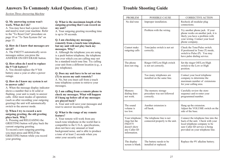 Answers to commonly asked questions. (cont.), Trouble shooting guide | Southwestern Bell FM2575 User Manual | Page 14 / 17