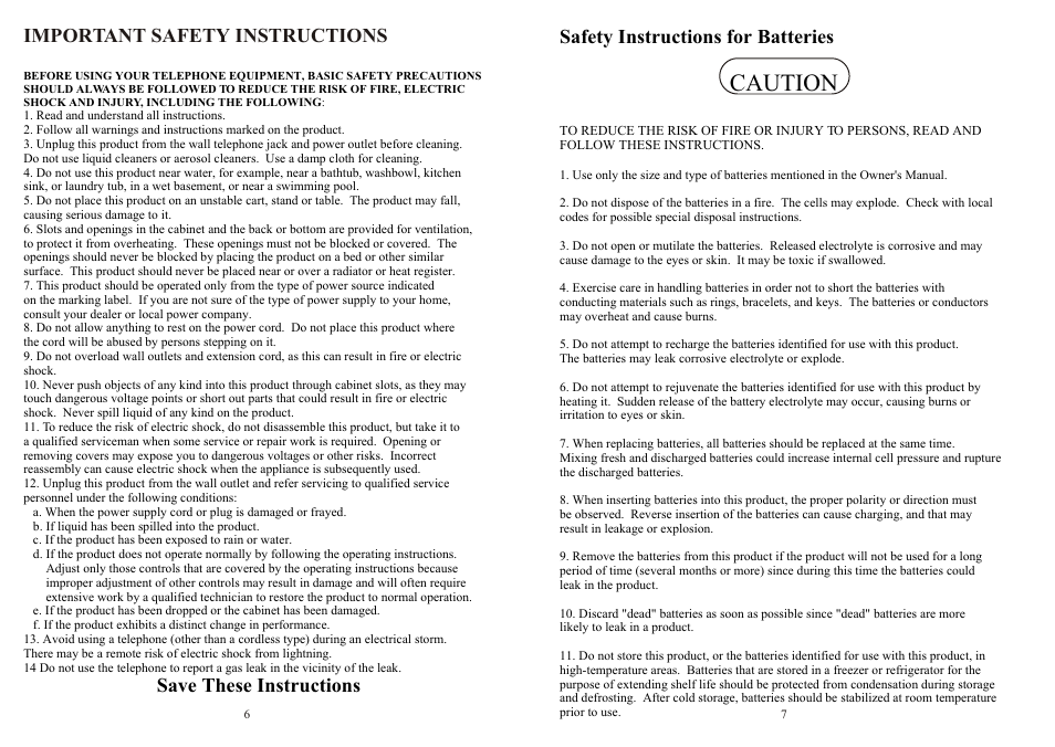 Caution, Safety instructions for batteries | Southwestern Bell FM2575 User Manual | Page 4 / 17