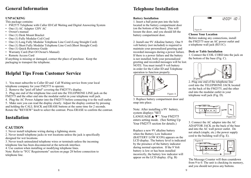 General information, Helpful tips from customer service, Installation | Telephone installation | Southwestern Bell FM2575 User Manual | Page 5 / 17