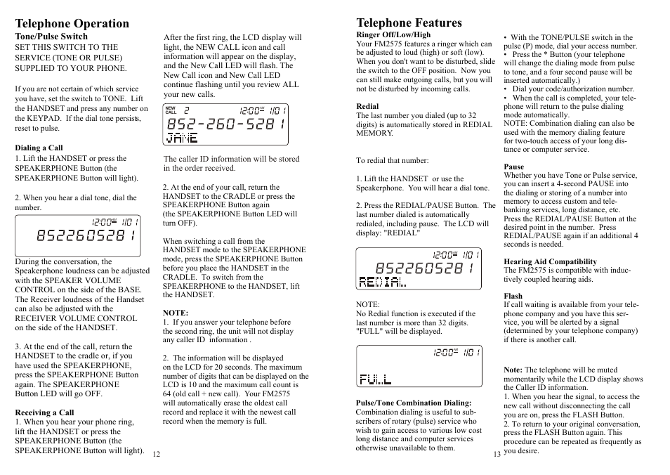 Telephone operation, Telephone features | Southwestern Bell FM2575 User Manual | Page 7 / 17