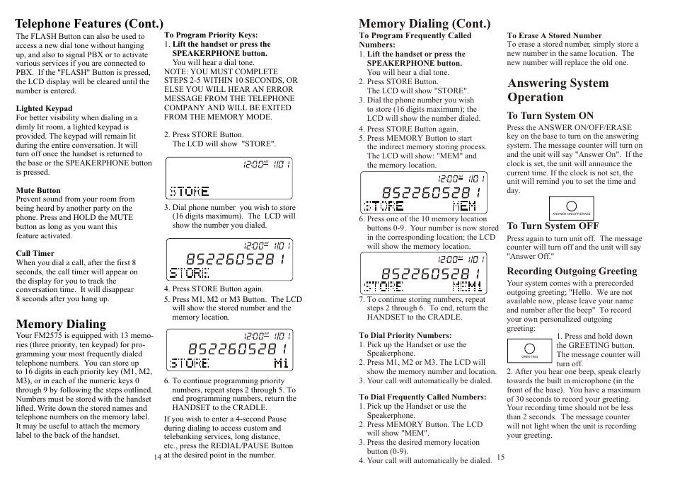 Telephone features (cont.), Answering system operation | Southwestern Bell FM2575 User Manual | Page 8 / 17