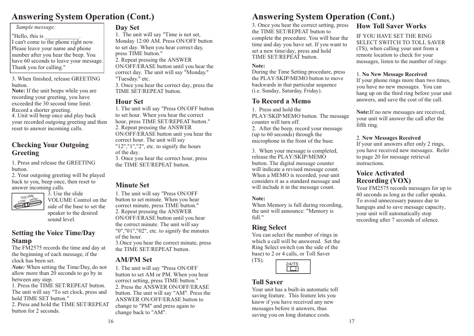 Answering system operation (cont.) | Southwestern Bell FM2575 User Manual | Page 9 / 17