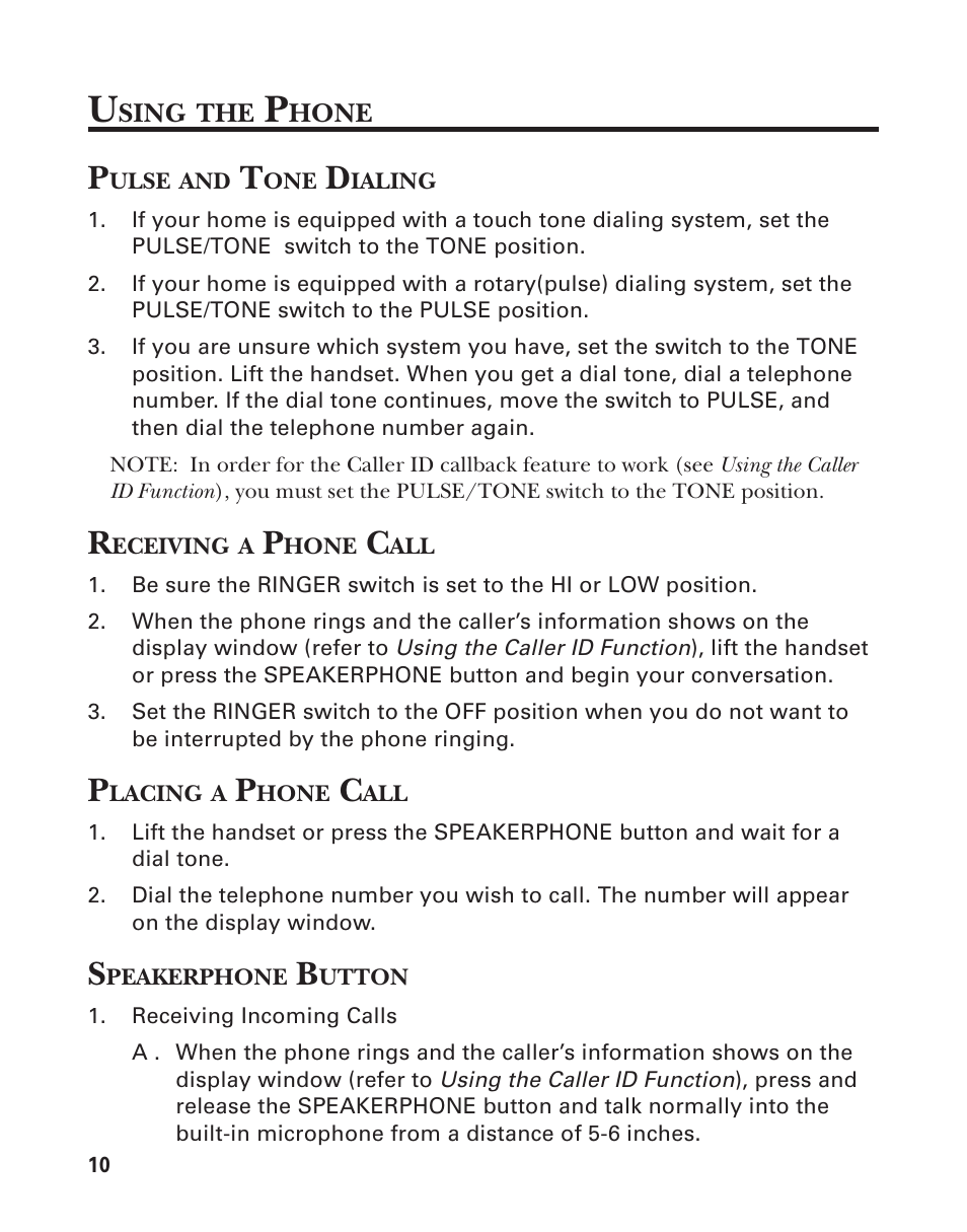 Using the phone, Pulse and tone dialing, Receiving a phone call | Placing a phone call, Speakerphone button | Southwestern Bell 2-9193 User Manual | Page 10 / 24