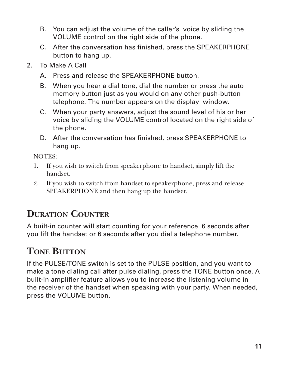 Duration counter, Tone button | Southwestern Bell 2-9193 User Manual | Page 11 / 24