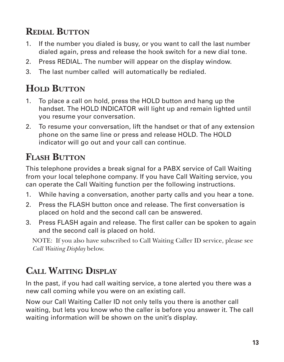 Redial button, Hold button, Flash button | Call waiting display | Southwestern Bell 2-9193 User Manual | Page 13 / 24