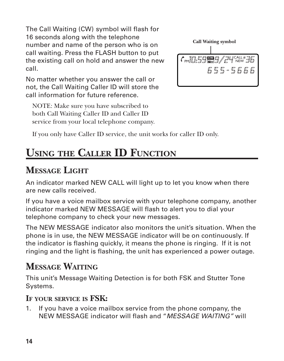 Using the caller id function, Message light, Message waiting | If your service is fsk, Id f | Southwestern Bell 2-9193 User Manual | Page 14 / 24