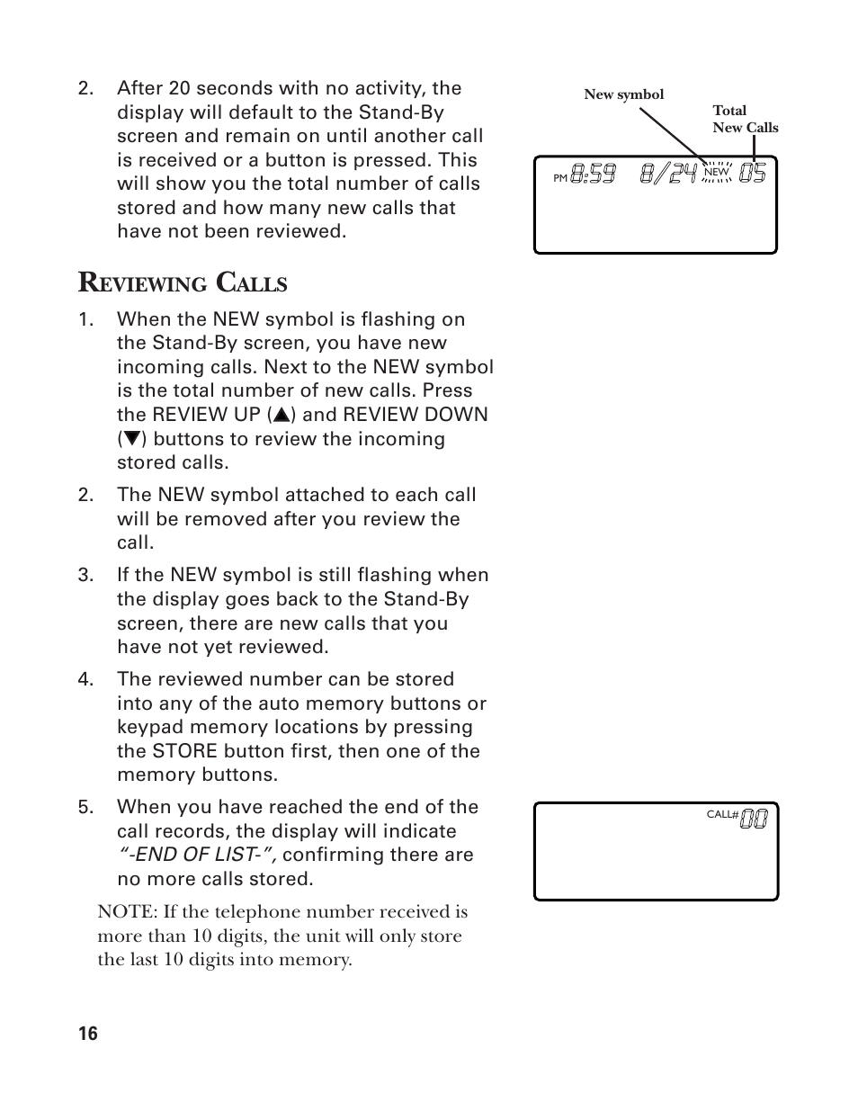 Reviewing calls, Deleting calls | Southwestern Bell 2-9193 User Manual | Page 16 / 24