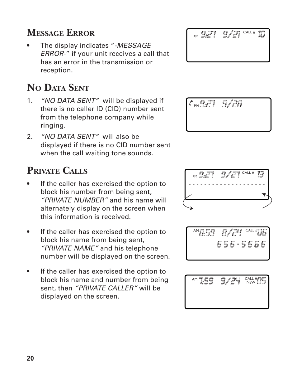 Toll call, No data sent, Private calls | Southwestern Bell 2-9193 User Manual | Page 20 / 24