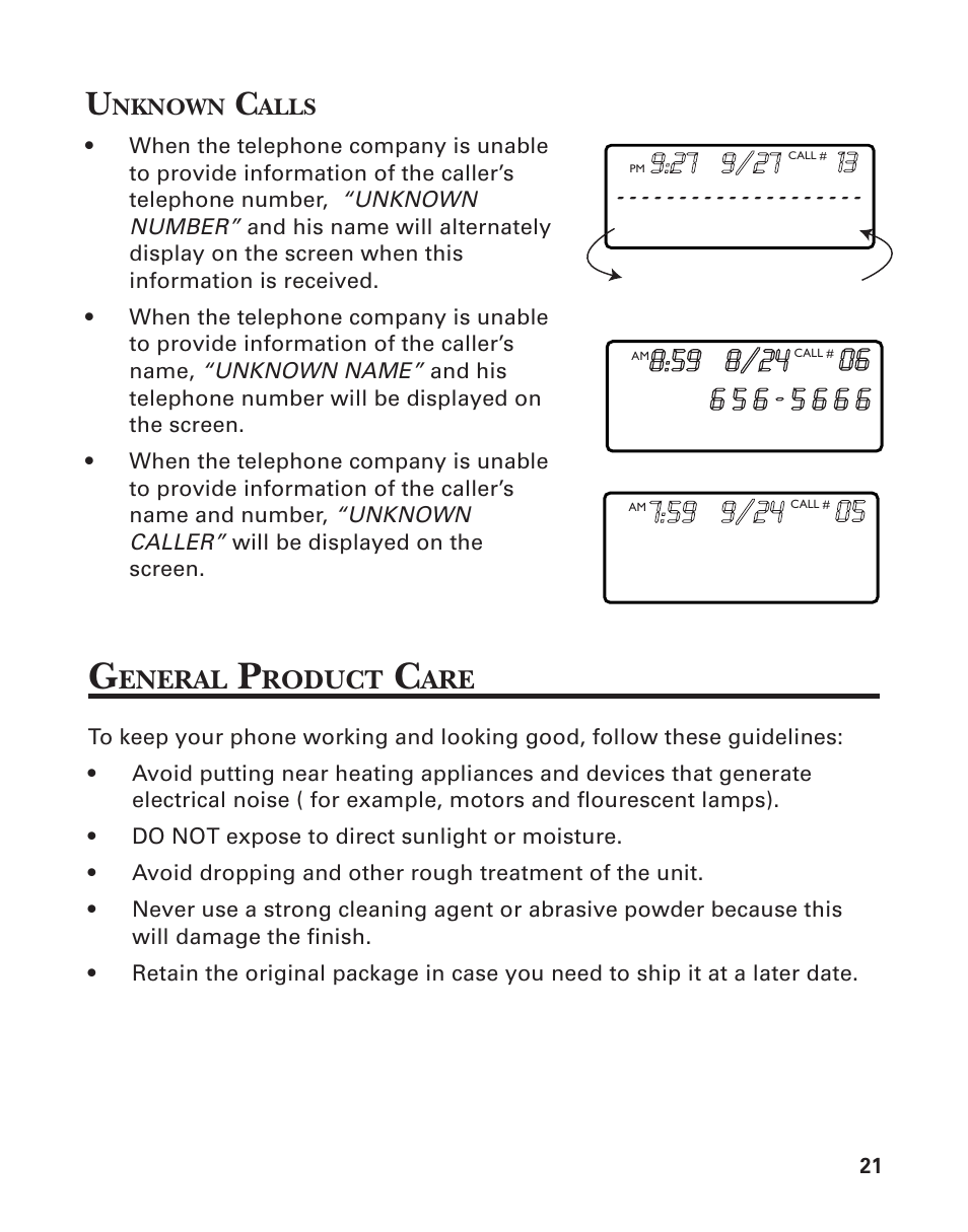 Unknown calls, General product care | Southwestern Bell 2-9193 User Manual | Page 21 / 24