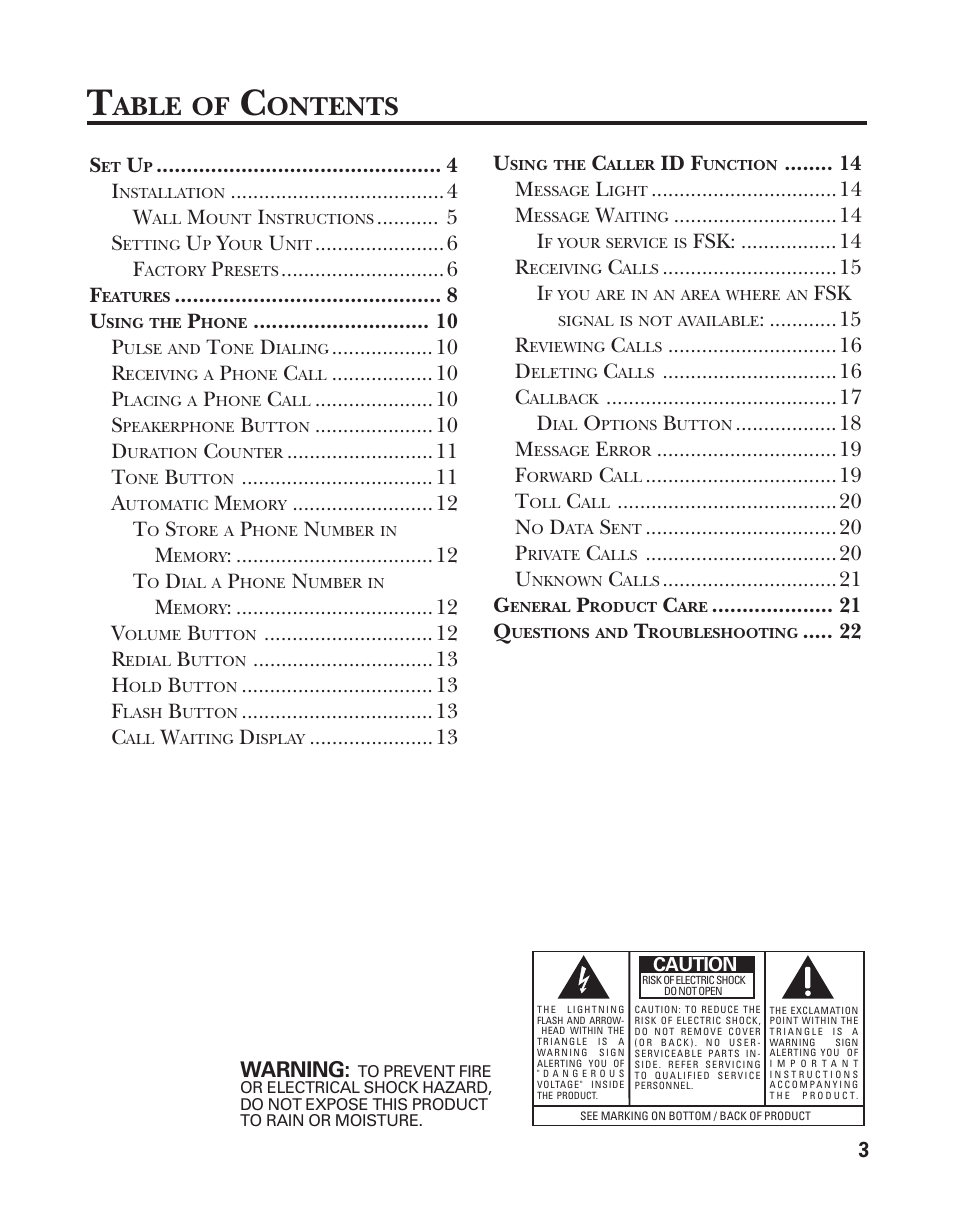 Set up, Able, Ontents | Southwestern Bell 2-9193 User Manual | Page 3 / 24