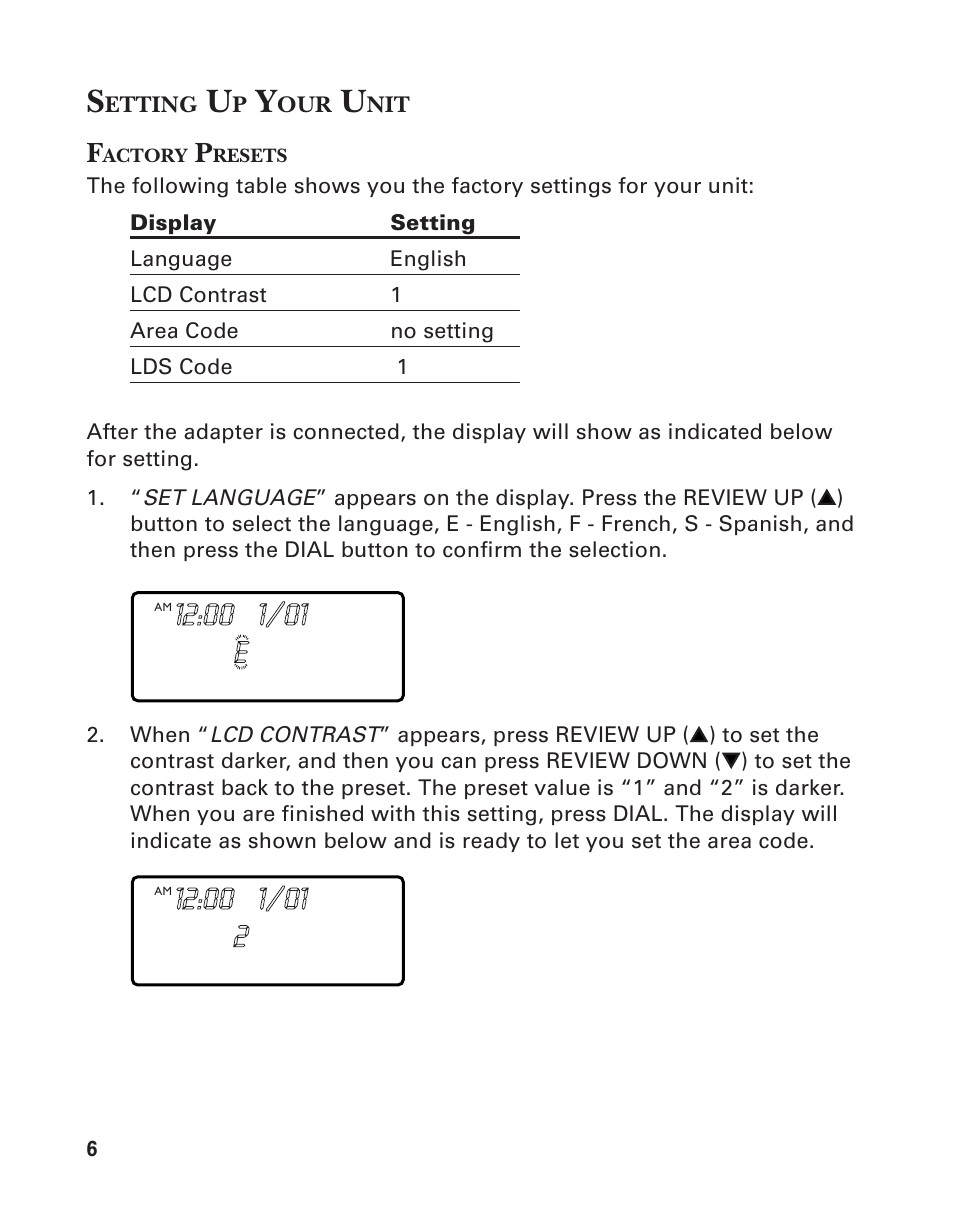 Setting up your unit, Factory presets | Southwestern Bell 2-9193 User Manual | Page 6 / 24