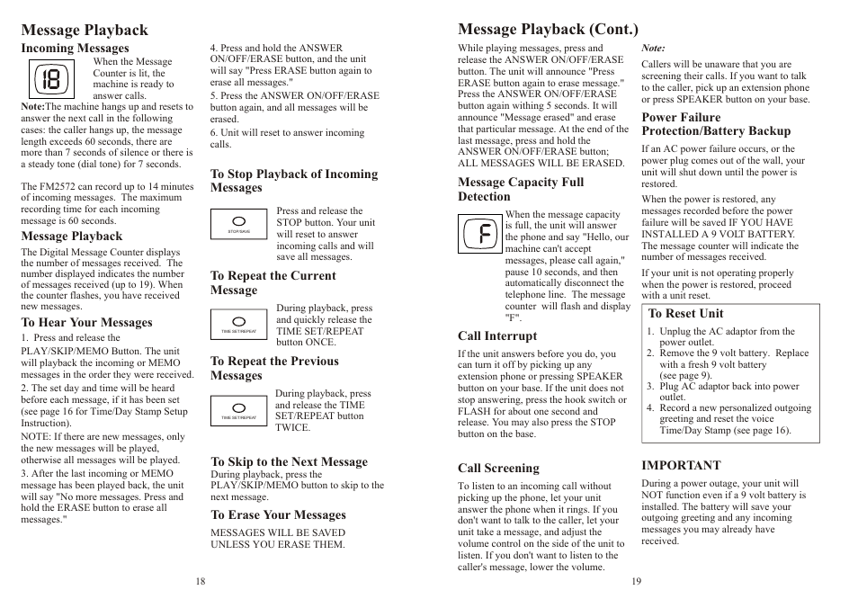 Message playback, Message playback (cont.) | Southwestern Bell FM2572 User Manual | Page 10 / 17