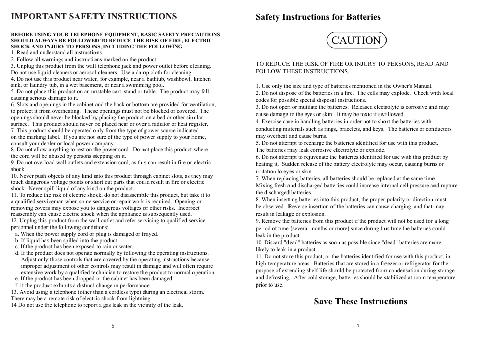 Caution, Important safety instructions, Safety instructions for batteries | Save these instructions | Southwestern Bell FM2572 User Manual | Page 4 / 17