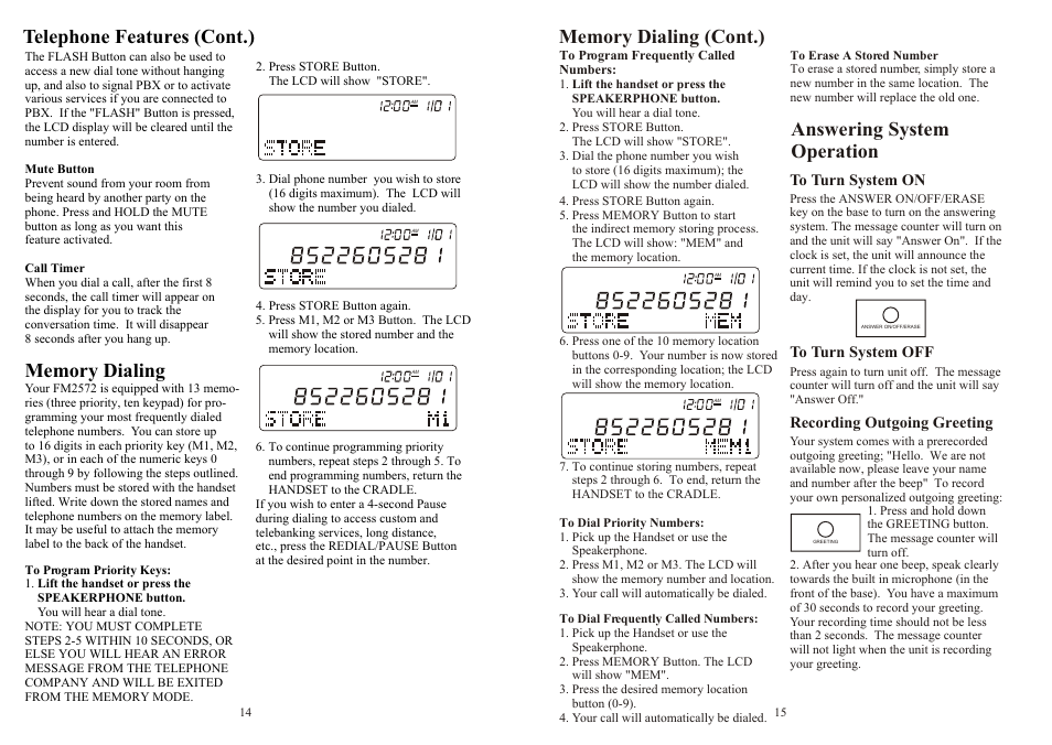 Telephone features (cont.), Answering system operation | Southwestern Bell FM2572 User Manual | Page 8 / 17