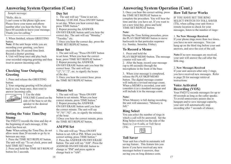 Answering system operation (cont.) | Southwestern Bell FM2572 User Manual | Page 9 / 17