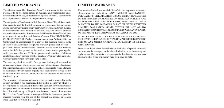 Limited warranty | Southwestern Bell FM2552PX User Manual | Page 10 / 10