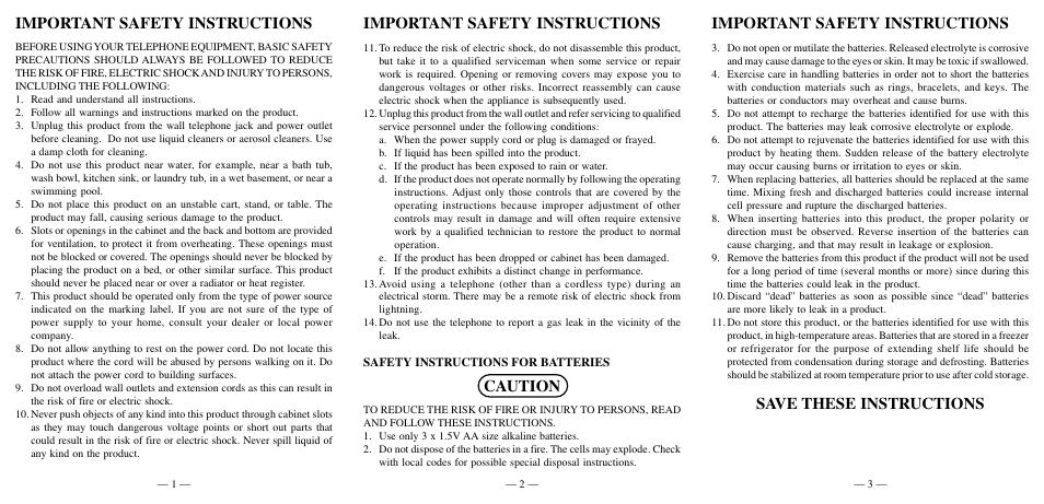 Important safety instructions, Caution, Save these instructions | Southwestern Bell FM2552PX User Manual | Page 2 / 10