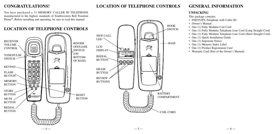 Location of telephone controls general information, Location of telephone controls | Southwestern Bell FM2552PX User Manual | Page 3 / 10