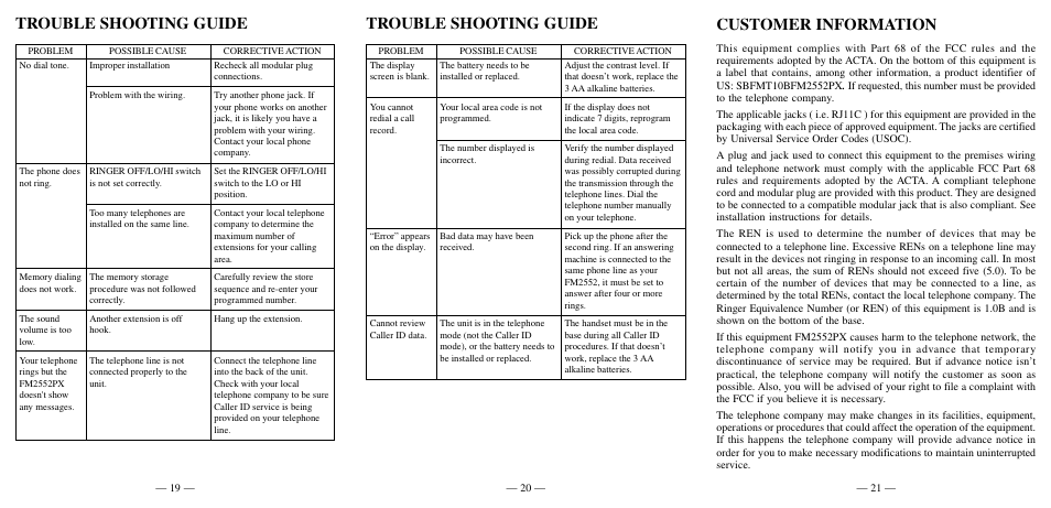 Trouble shooting guide, Trouble shooting guide customer information | Southwestern Bell FM2552PX User Manual | Page 8 / 10