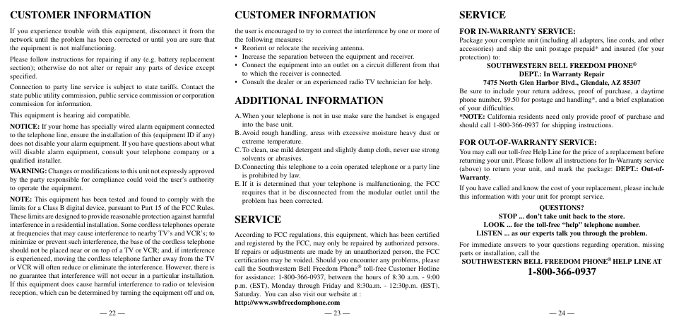 Additional information, Service, Customer information | Southwestern Bell FM2552PX User Manual | Page 9 / 10