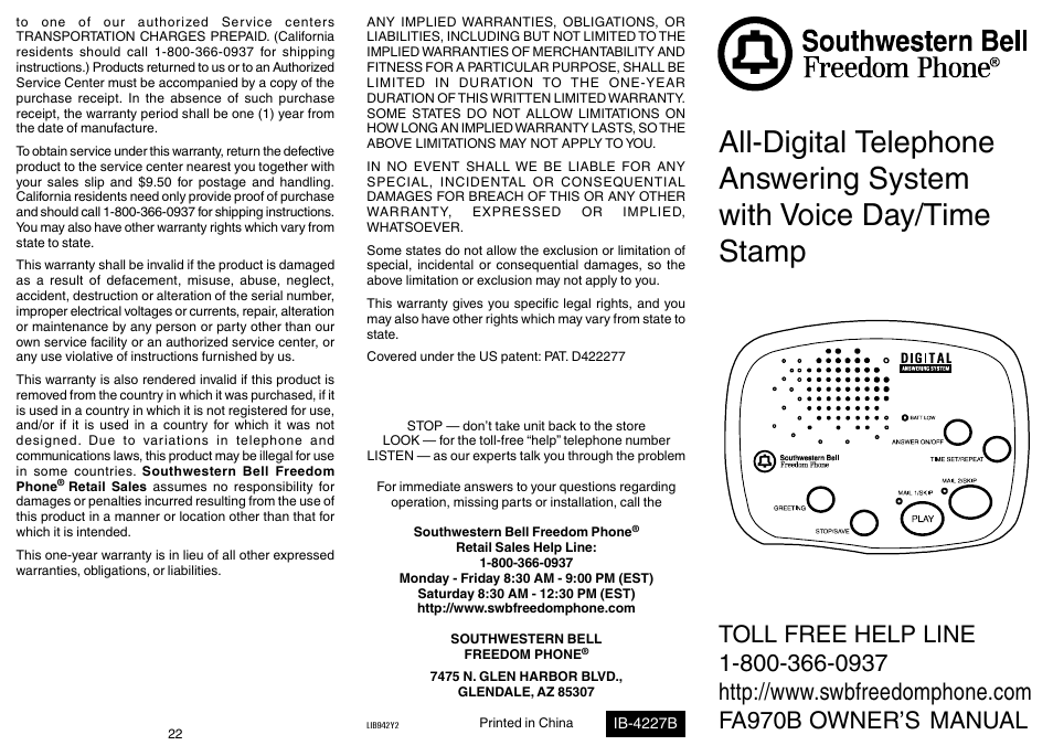 Southwestern Bell FREEDOM PHONE FA970B User Manual | 8 pages