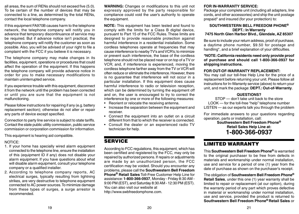 Southwestern Bell FREEDOM PHONE FA970B User Manual | Page 8 / 8