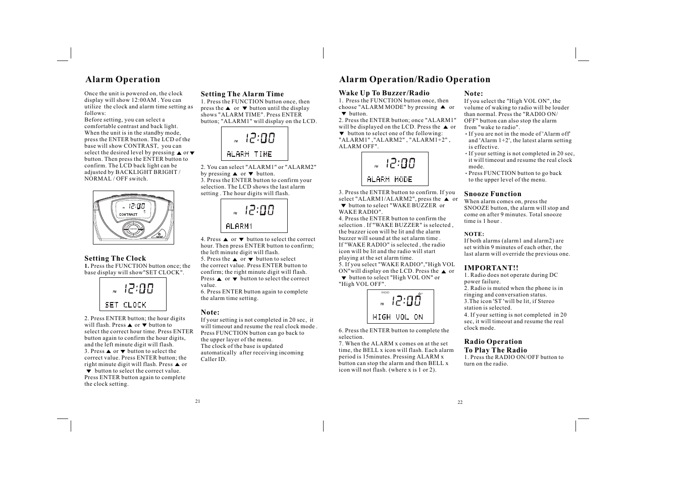 Alarm operation/radio operation, Alarm operation | Southwestern Bell GH3060 User Manual | Page 12 / 20