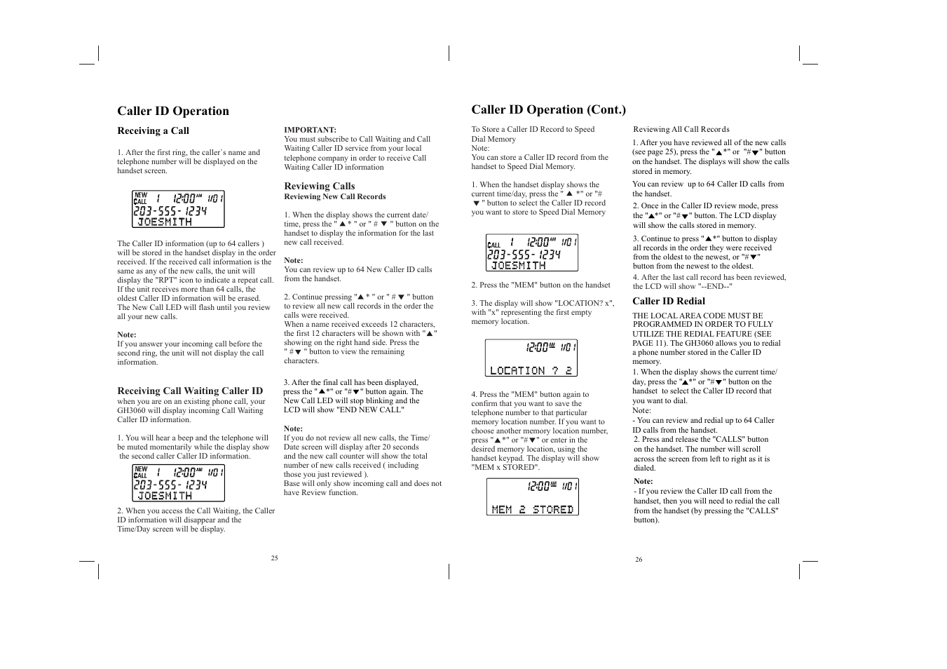 Caller id operation, Caller id operation (cont.) | Southwestern Bell GH3060 User Manual | Page 14 / 20