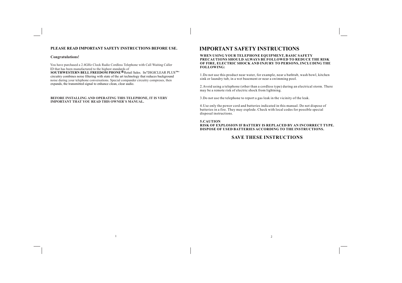 Important safety instructions | Southwestern Bell GH3060 User Manual | Page 2 / 20