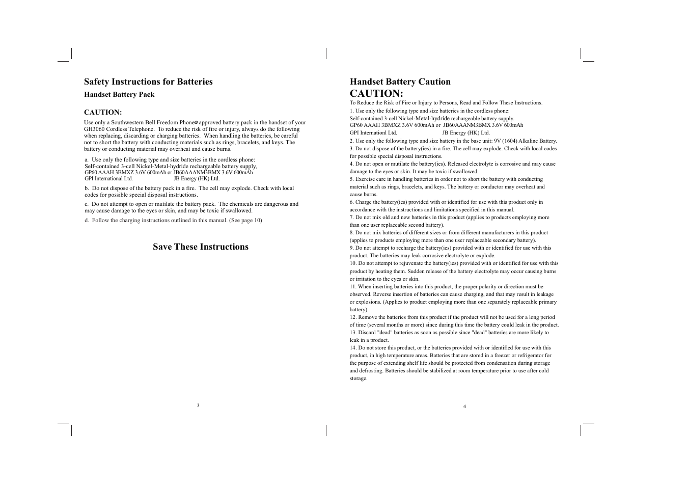 Caution, Handset battery caution | Southwestern Bell GH3060 User Manual | Page 3 / 20