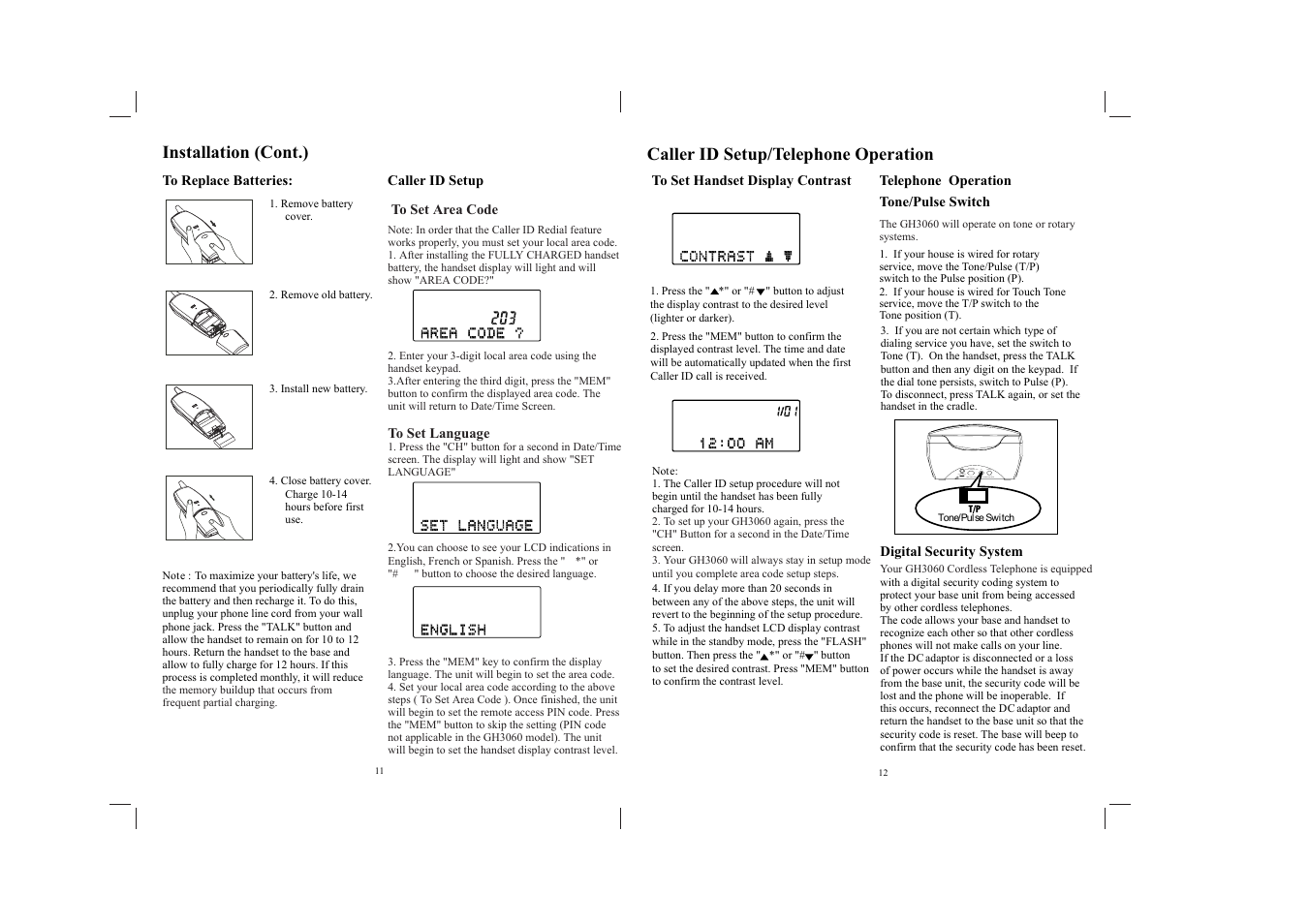 Backlight bright / normal / off, Installation (cont.), Caller id setup/telephone operation | Southwestern Bell GH3060 User Manual | Page 7 / 20