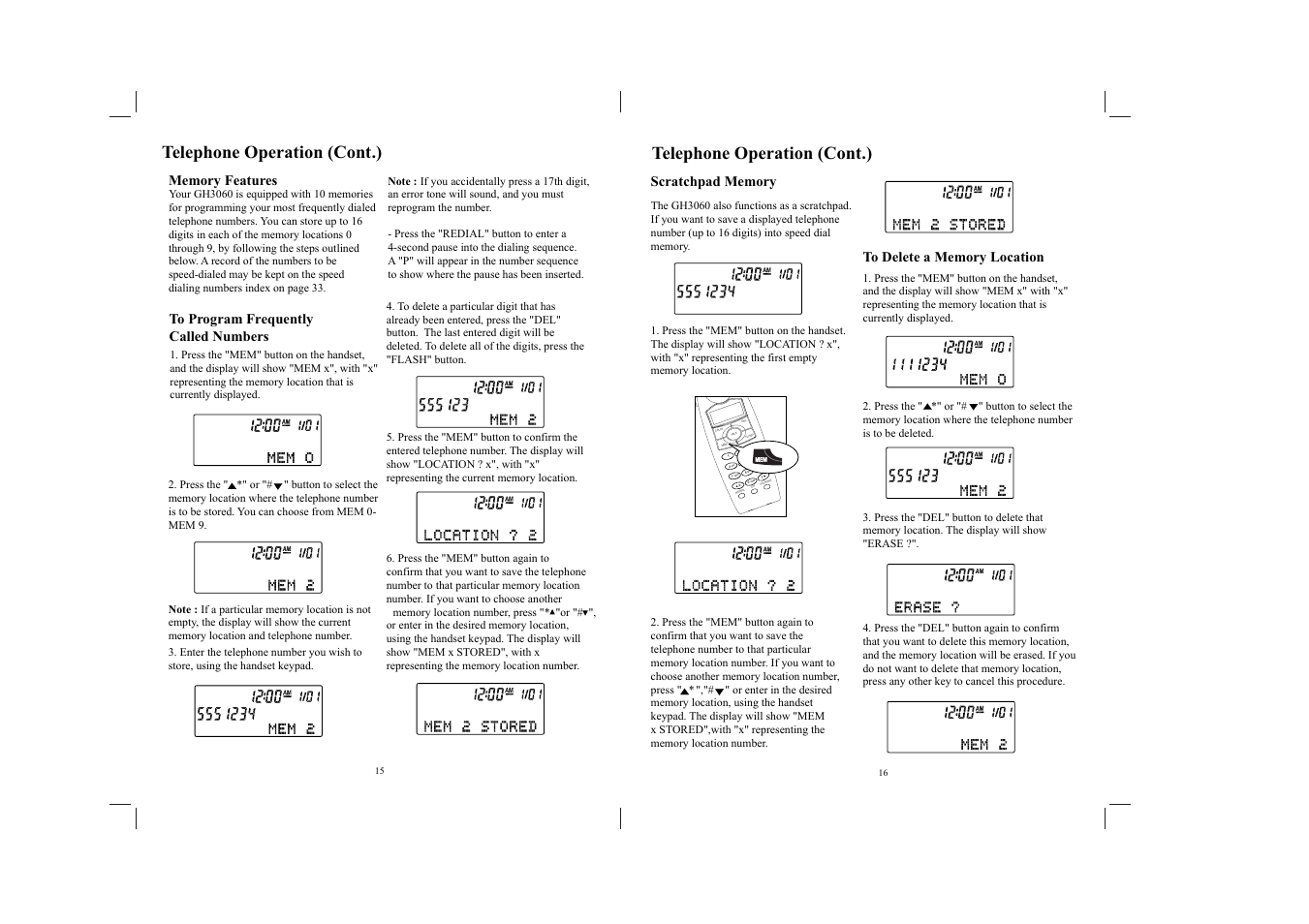 Ch red ial vol /rin g, Oper call s del talk mem flas h, Pqrs | Wxyz, Telephone operation (cont.) | Southwestern Bell GH3060 User Manual | Page 9 / 20