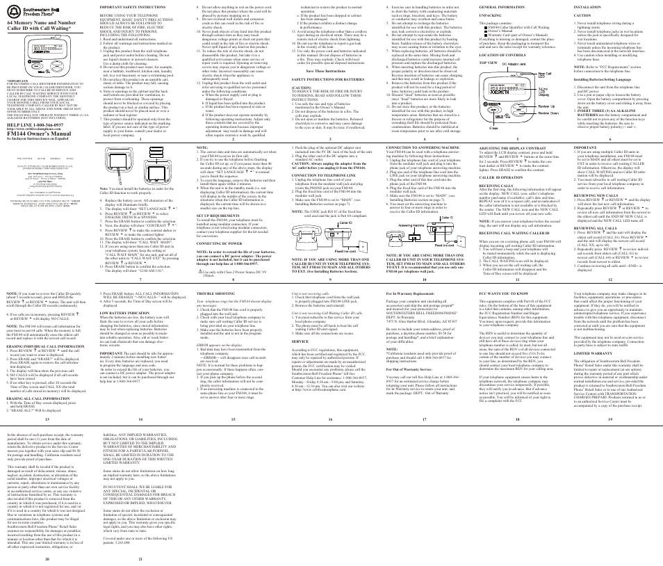 Southwestern Bell FM144 User Manual | 2 pages